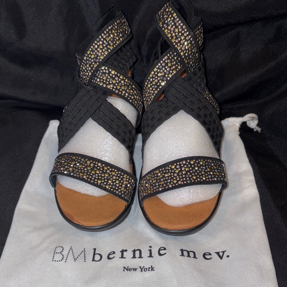bernie mev. Black Crisscross Sandals with Sparkling Gold-Tone Studs